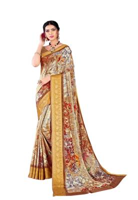 Beige printed chiffon saree with blouse 1