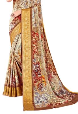Beige printed chiffon saree with blouse 2