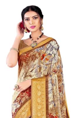 Beige printed chiffon saree with blouse 3