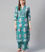 Turquoise printed cotton kurtas-and-kurtis