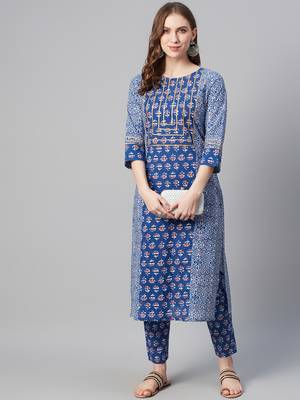 Royal-blue printed cotton kurtas-and-kurtis 5