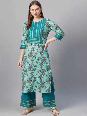 Turquoise printed cotton cotton-kurtis 1