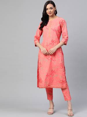 Peach printed cotton ethnic-kurtis 1