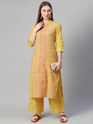 Yellow printed cotton kurtas-and-kurtis 5