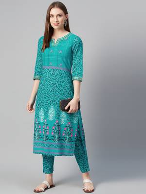 Teal printed cotton cotton-kurtis 5