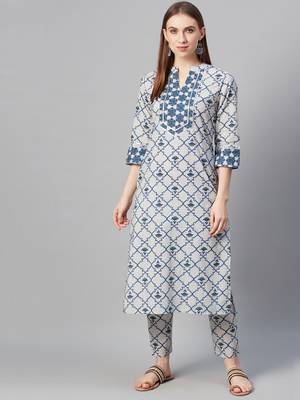 Off-white printed cotton ethnic-kurtis 1