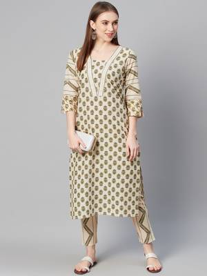 Beige printed cotton kurtas-and-kurtis 5