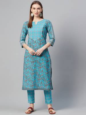 Turquoise printed cotton cotton-kurtis 1
