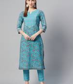 Turquoise printed cotton cotton-kurtis