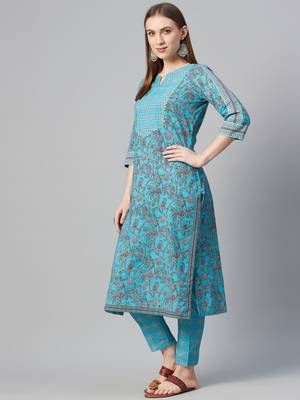 Turquoise printed cotton cotton-kurtis 2