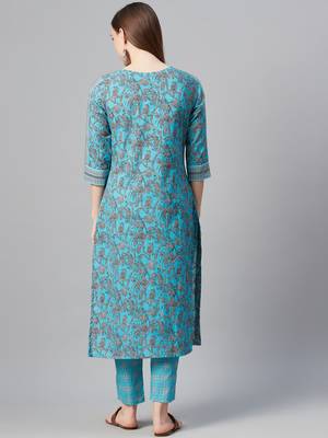 Turquoise printed cotton cotton-kurtis 3