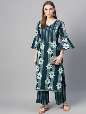 Teal printed cotton kurtas-and-kurtis 5