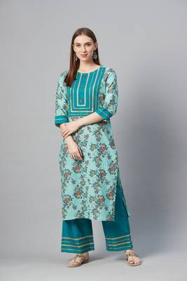 Turquoise printed cotton cotton-kurtis 5