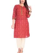 Red embroidered cotton kurtas-and-kurtis