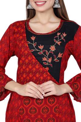 Red embroidered rayon kurtas-and-kurtis 5