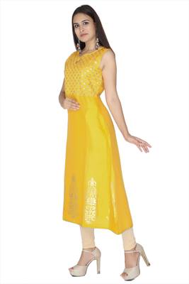 Yellow embroidered rayon kurtas-and-kurtis 4