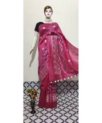 red Handwoven silk linen saree with embroidery work 1