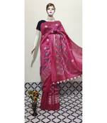 red Handwoven silk linen saree with embroidery work