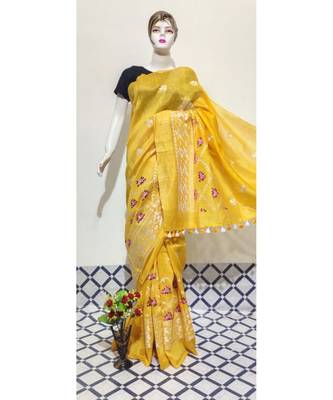 yellow Handwoven silk linen saree with embroidery work 1