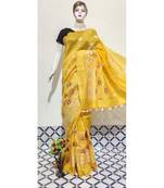 yellow Handwoven silk linen saree with embroidery work