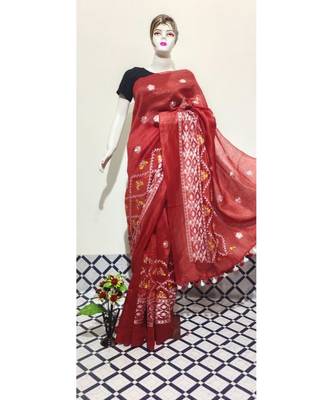 red Handwoven silk linen saree with embroidery work 1