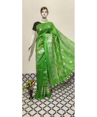 green Handwoven silk linen saree with embroidery work 1