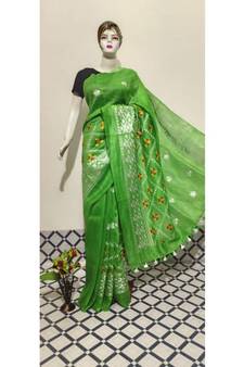 green Handwoven silk linen saree with embroidery work