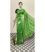 green Handwoven silk linen saree with embroidery work