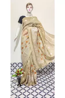 brown Handwoven silk linen saree with embroidery work