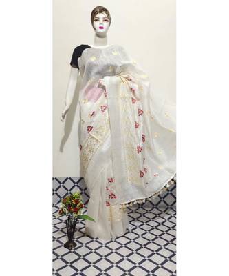 white Handwoven silk linen saree with embroidery work 1