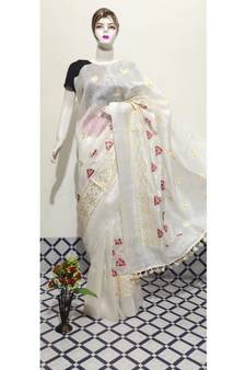 white Handwoven silk linen saree with embroidery work