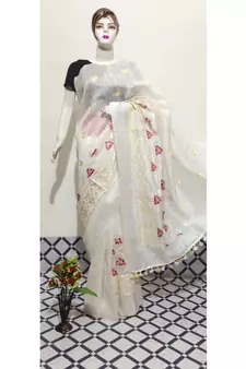 white Handwoven silk linen saree with embroidery work
