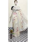 white Handwoven silk linen saree with embroidery work