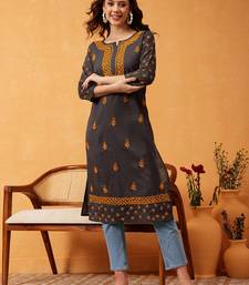 Hand Embroidered Grey Cotton Lucknow Chikan Women Kurti