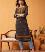 Hand Embroidered Grey Cotton Lucknow Chikan Women Kurti