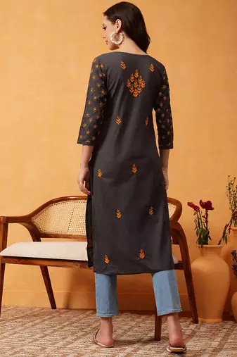 Hand Embroidered Grey Cotton Lucknow Chikan Women Kurti