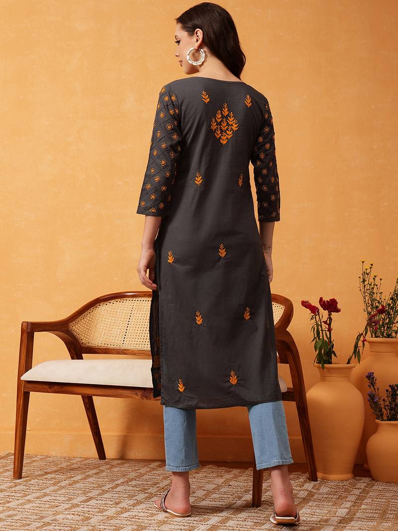 Hand Embroidered Grey Cotton Lucknow Chikan Women Kurti