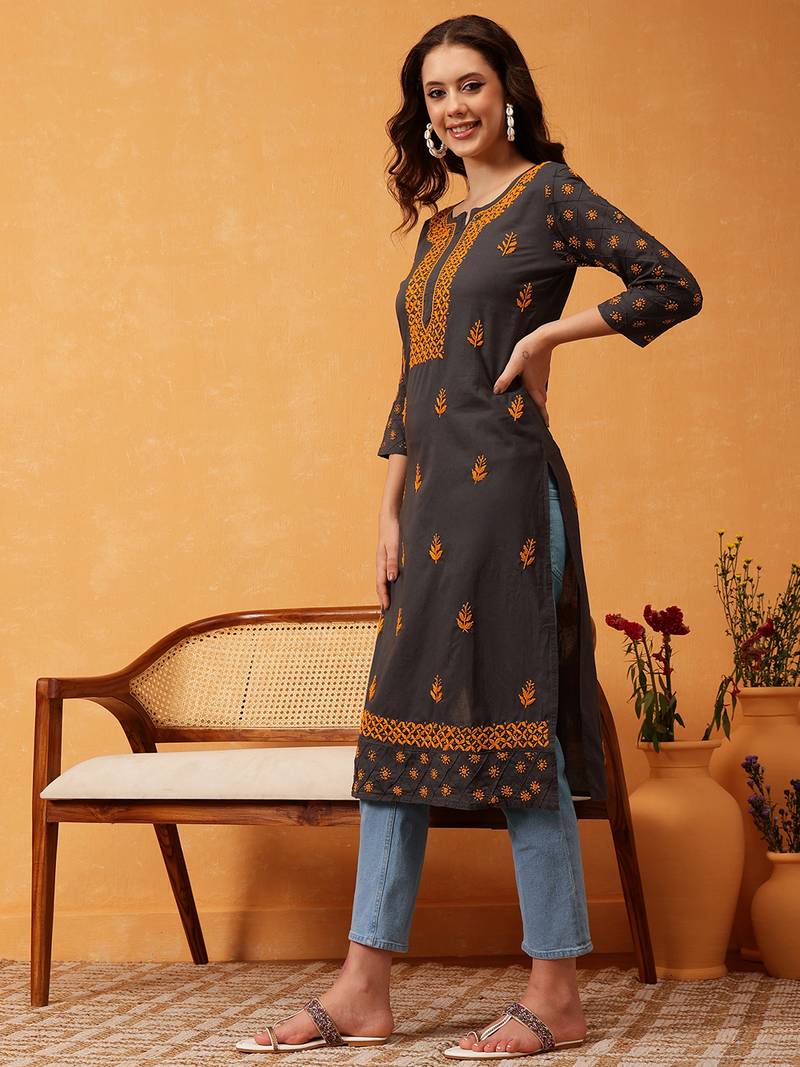 Hand Embroidered Grey Cotton Lucknow Chikan Women Kurti