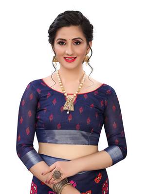 Blue printed cotton saree with blouse 3