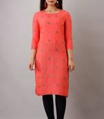 Usrcart Peach Rayon Printed Kurta & Kurti