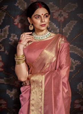 Pink woven art silk sarees saree with blouse 2