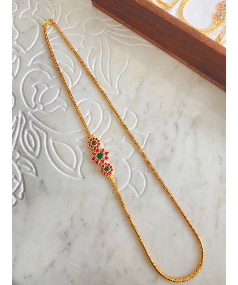Beautiful Gold Tone Pink Green Floral Design Mugappu Chain Dj30247