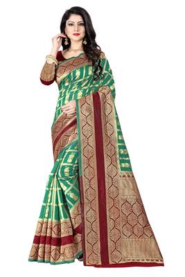 Green woven silk blend saree with blouse 1