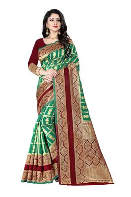 Green woven silk blend saree with blouse 3