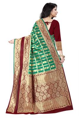 Green woven silk blend saree with blouse 4