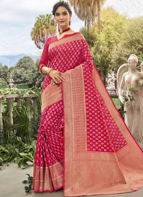 Pink And Golden Meena Work Banarasi Silk Designer Saree Saree with Blouse 1