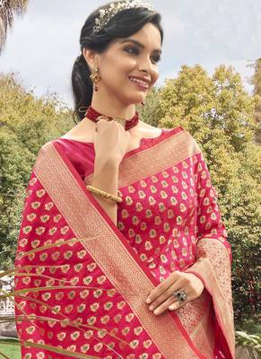 Pink And Golden Meena Work Banarasi Silk Designer Saree Saree with Blouse 2