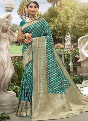 Teal Green Meena Work Banarasi Silk Designer Saree Saree with Blouse 1