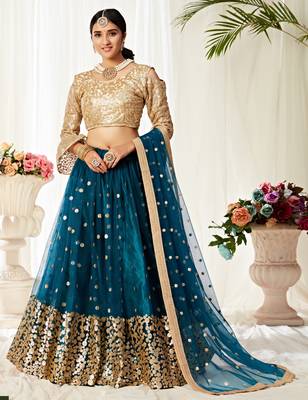 Bewitching Peacock Blue zari and Sequins embroidered net Semi Stitched Lehenga choli for wedding 1