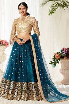 Peacock Blue zari embroidered net Semi Stitched bridal lehenga